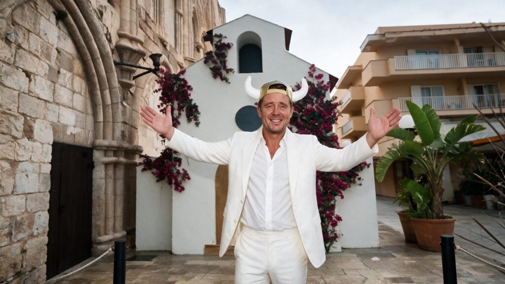 Lorenz Büffel im weißen Anzug mit goldener Cap und Büffelhörnern vor seiner Hochzeitskapelle direkt am Megapark auf Mallorca
