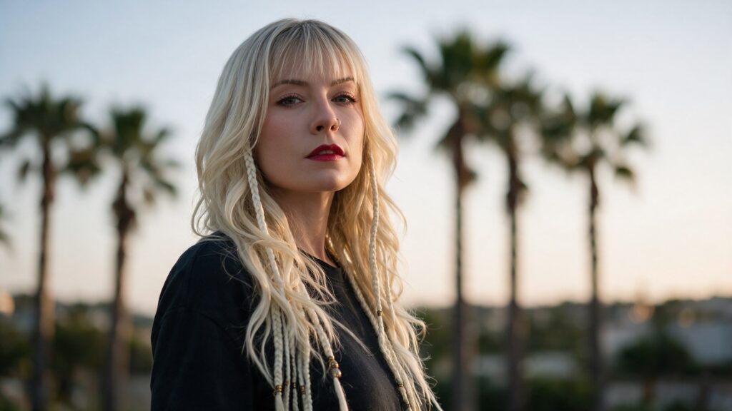 Mia Julia blickt ernst und gefasst in die Kamera, im Hintergrund Palmen auf Mallorca
