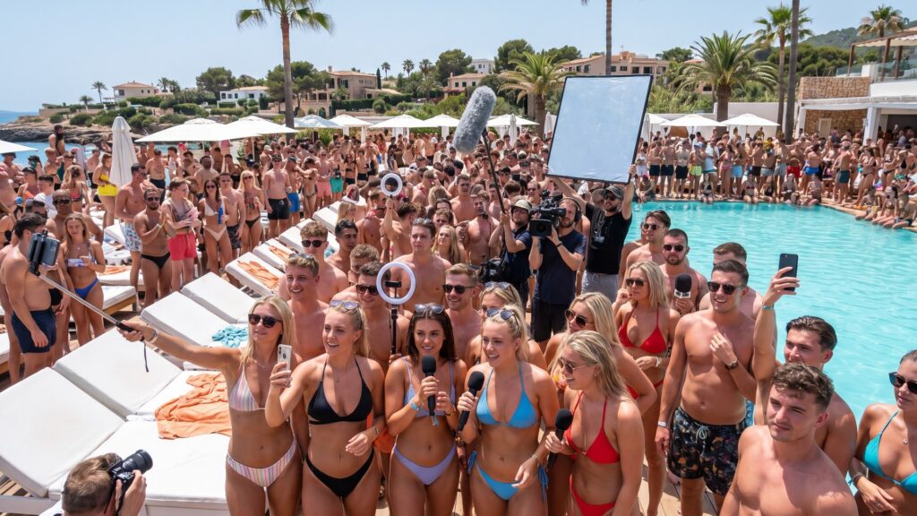 Überfüllte Poolparty auf Mallorca: Reality-Stars und Influencer filmen sich mit Handys, Ringlichtern und Mikrofonen, dahinter ein Fernsehteam